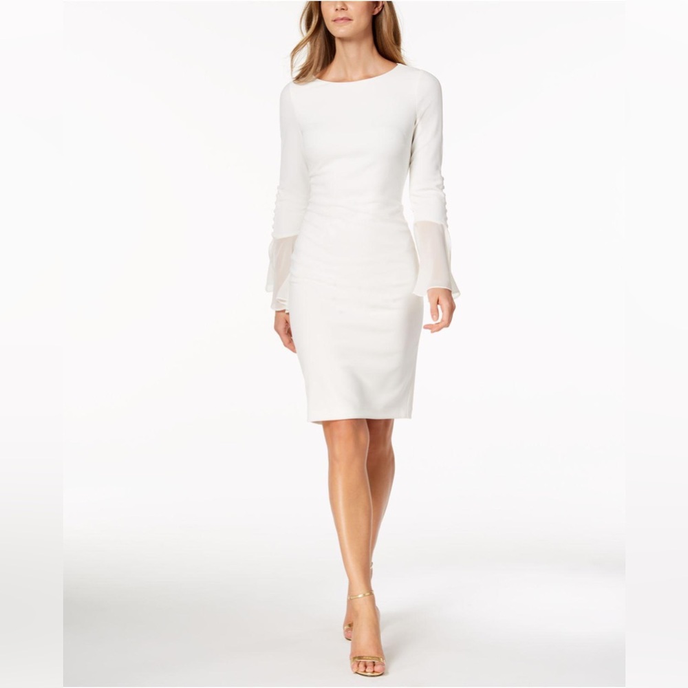 Calvin Klein 3/4 Bell Sleeve Boat Neck Sheath Dress Size 2 White